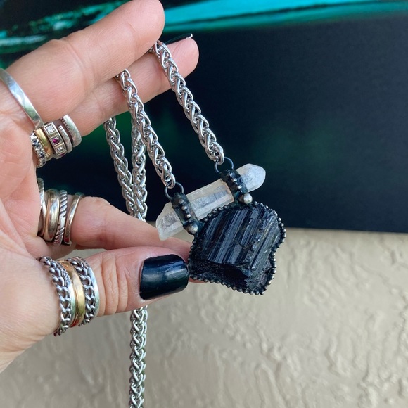 Natural black tourmaline & crystal quartz charm boho goth necklace . - Picture 14 of 14